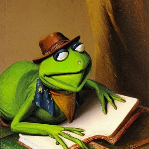 Prompt: portrait of kermit the frog hloding a note book by theodore ralli and nasreddine dinet and anders zorn and nikolay makovsky and edwin longsden long