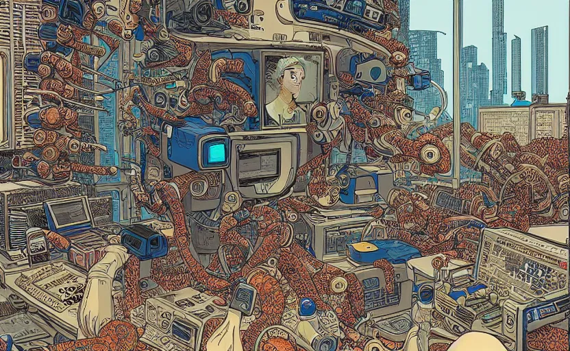 Image similar to hyper-detailed, intricate, illustration of a computer lab scientist discovering AI sentience, cyberpunk, in the style of Geof Darrow