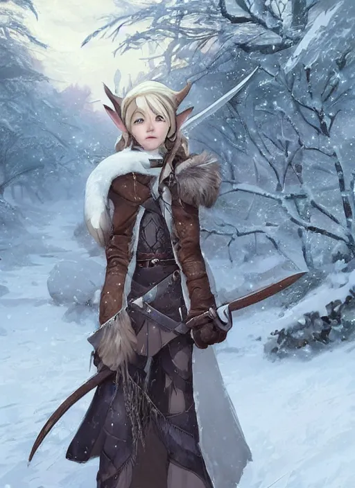 Prompt: a female elven hunter in winter, snowy background, snowy. Holding a hunting knife. Facing the camera, long shot. By Makoto Shinkai, Stanley Artgerm Lau, WLOP, Rossdraws, James Jean, Andrei Riabovitchev, Marc Simonetti, krenz cushart, Sakimichan, trending on ArtStation, digital art.