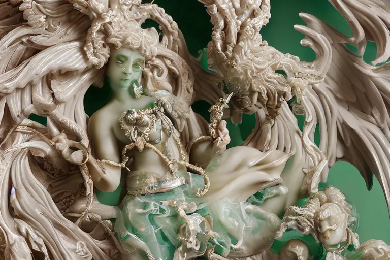 Image similar to a closeup photo, rococo alabaster and jade real delicate ceramic porcelain sculpture of an ornate detailed phoenix goddess in front of an intricate background by rafael, micro detail, backlit lighting, subsurface scattering, translucent, thin porcelain, emerald, jade, octane renderer, colorful, physically based rendering, trending on cgsociety