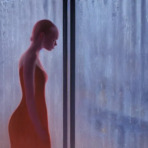 Prompt: silhouette of a Elle Fanning gazing out her hotel window at the rain, extremely detailed masterpiece, oil on canvas, in the world of Blade Runner 2049, low-key neon lighting, artstation, by J. C. Leyendecker and Peter Paul Rubens,