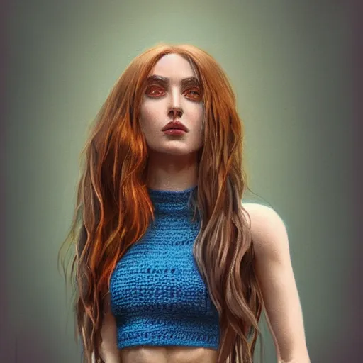 Image similar to A caucasian woman with blue and brown ombre hair wearing a crocheted crop-top, illustrated by Greg Rutkowski, photorealistic portrait, trending on artstation, artstationHQ, artstationHD, dappled lighting,