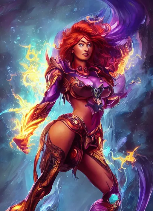 Image similar to front portrait hands behinds pose of attractive Starfire with ginger wavy hair, hands behind her pose!, Intricate overlay flames imagery , D&D!, fantasy style, sharp focus!, ultra detailed, art by Artgerm and Peter Andrew Jones, WLUP