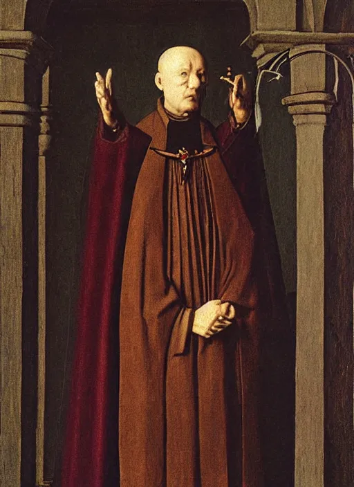 Image similar to a cyberpunk priest by Jan van Eyck