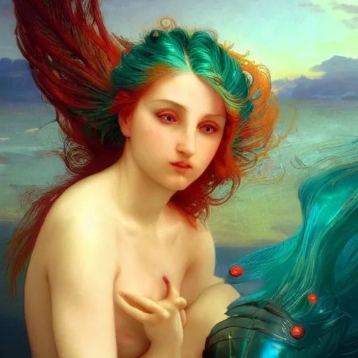 Image similar to a beautiful stunning interesting detailed fantasy whimsical matte digital portrait illustration of a mermaid with blue-green hair, yellow-orange and red-violet spectacular sunset, in the style of William Adolphe-Bouguereau and Marc Simonetti, magic the gathering, trending on artstation hq, contest winner