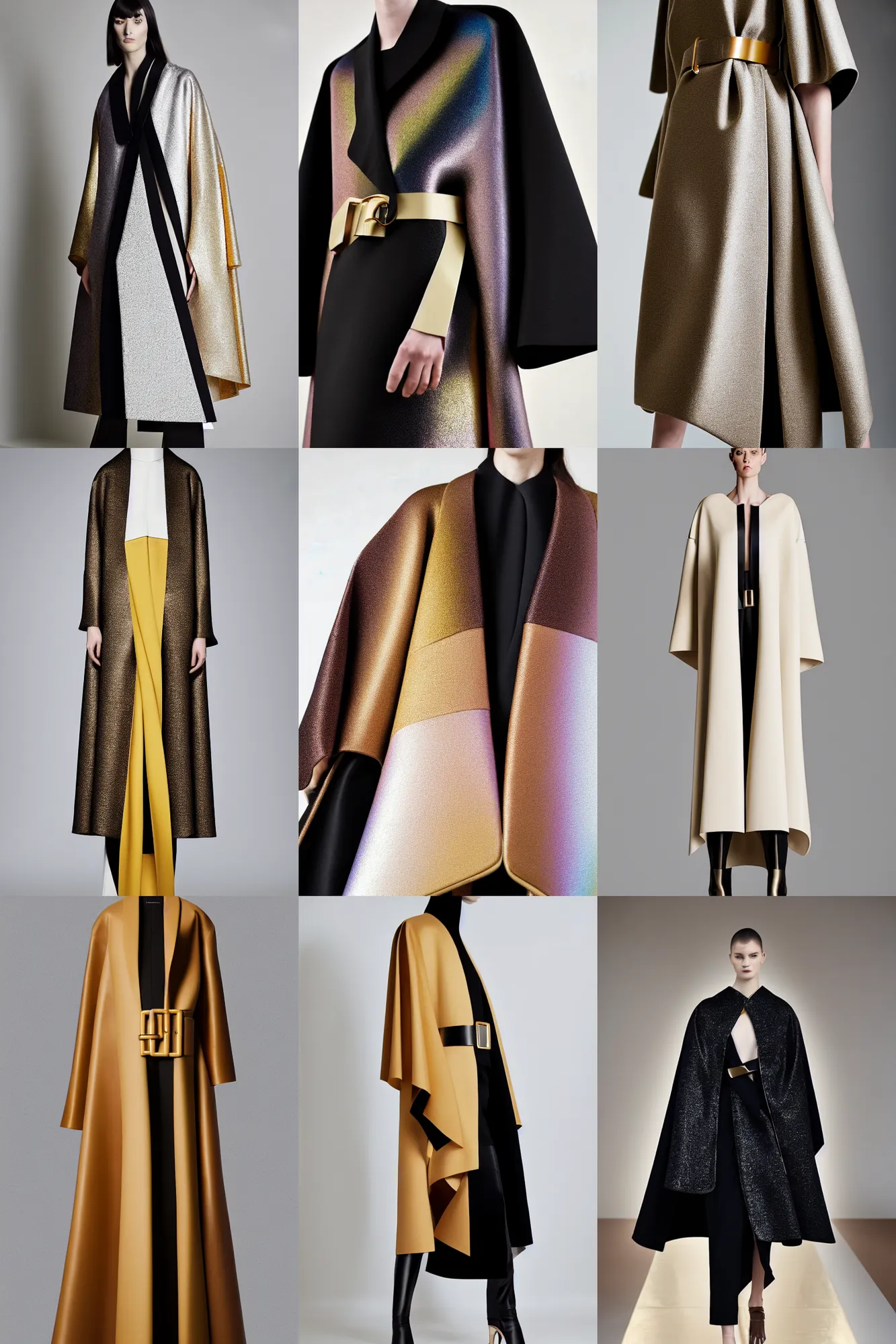 Prompt: haute couture modern designer jwanderson fold volume coat with open neckline, double layer oversize curved seam top, double layer fold over hem, cropped wide sleeve, self belt with leather covered ring closure, back slit, tonal topstitching, gold hardware, lined in cotton, holographic tones scheme sigma, avant design 8 5 mm f _ 8, high detail