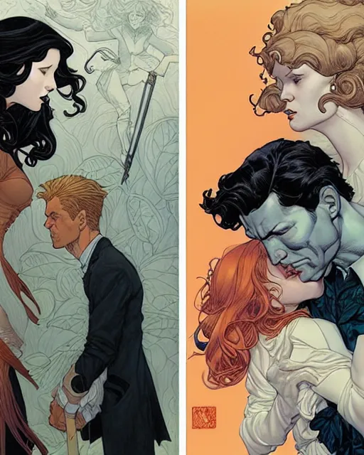 Image similar to a handsome man and a beautiful woman back to back artwork by james jean, Phil noto and rebecca guay