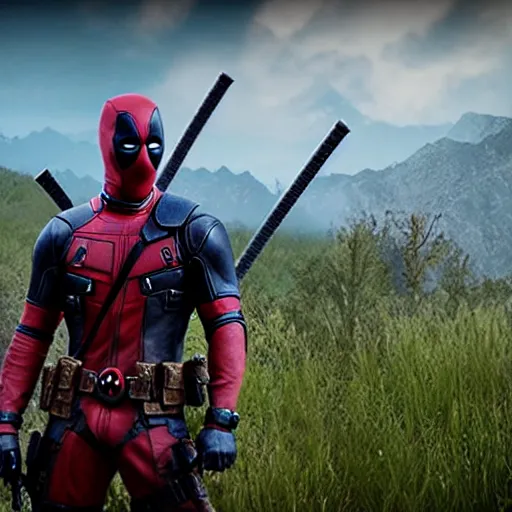 Image similar to deadpool in the witcher 4 k detailed super realistic