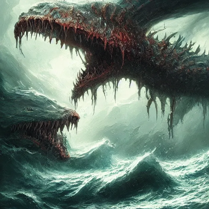 Image similar to sea monster large horror under the ocean d & d, d & d style, trending on artstation, intricate, highly detailed, vivid painting, colorful, art by greg rutkowski