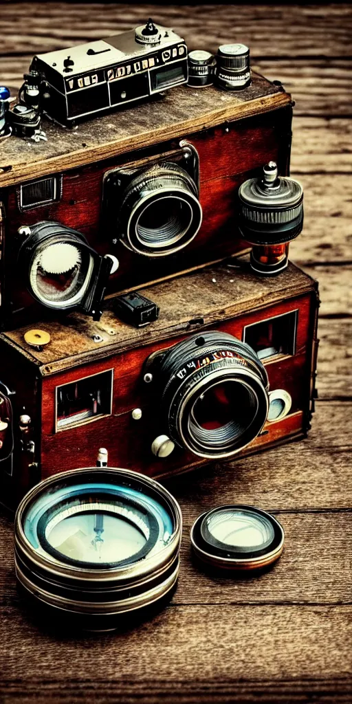 Prompt: A photo of a very old opened device with vacuum tubes, film, capacitors and coils inside, and a camera lens on the outside on an old wooden table by Wes Anderson, grungy, weathered Ultra detailed, hyper realistic, 4k