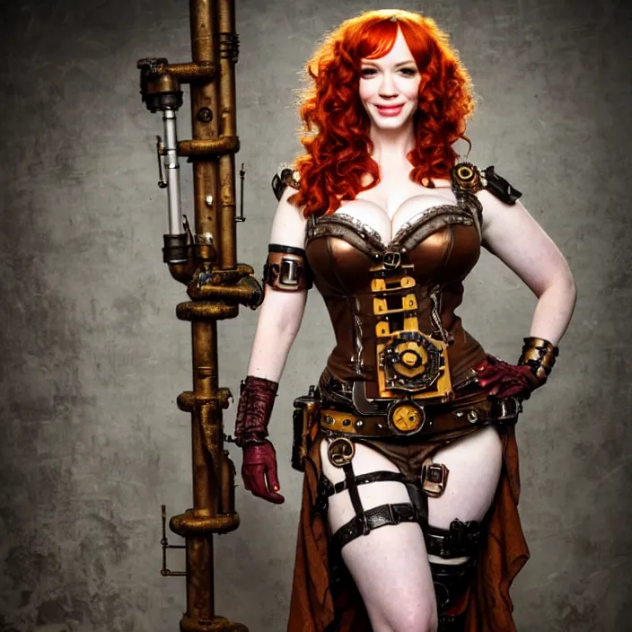 Prompt: full length photo of christina hendricks as a steampunk amazon warrior, highly detailed, 4 k, hdr, smooth, sharp focus, high resolution, award - winning photo