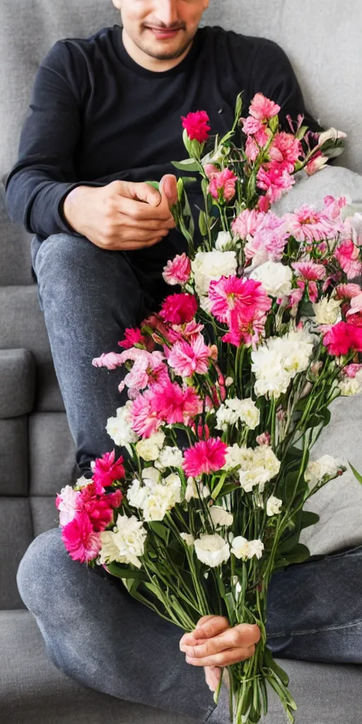 Prompt: a man sitting on the couch with a bunch of flowers in his hand