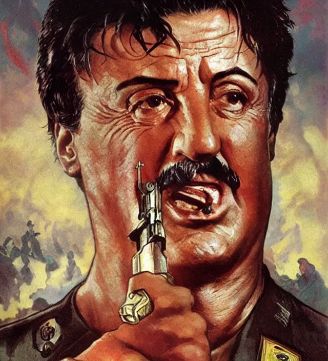 Image similar to sylvester stallone as stalin on fire,, cinematic, by greg rutowski, by greg rutkowski, by stanley artgerm, by alphonse mucha