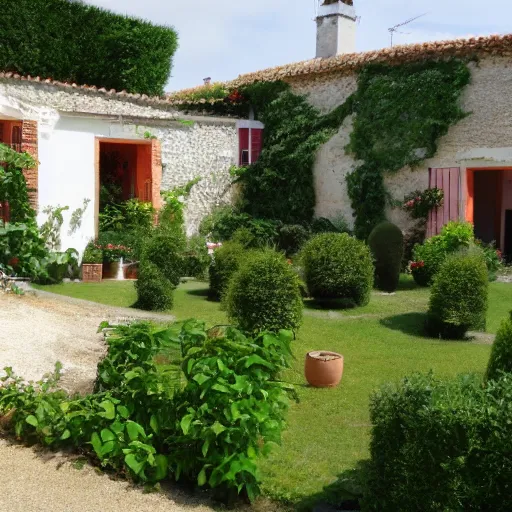 Prompt: ile de re house with a garden full of tremiere rose, sixty stores, white walls, orange roof