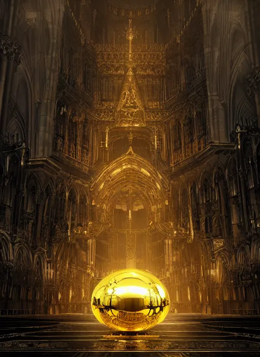 Image similar to Giant golden ornate egg in the middle of a cathedral. In style of Yoji Shinkawa and Hyung-tae Kim, trending on ArtStation, dark fantasy, great composition, concept art, highly detailed, dynamic pose.