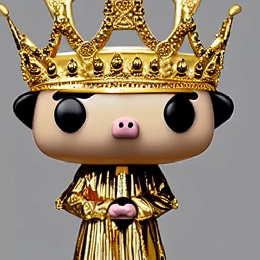 Image similar to A funko pop of a bag of a pig in a gold crown