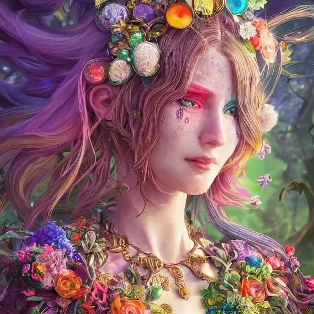 Prompt: the portrait of the chaotic good female rainbow colorful druid botanist as absurdly beautiful, gorgeous, elegant, young gravure idol, an ultrafine hyperdetailed illustration by irakli nadar, james jean, intricate linework, super sharp focus, bright colors, octopath traveler, final fantasy, unreal engine 5 highly rendered, global illumination, radiant light, intricate environment