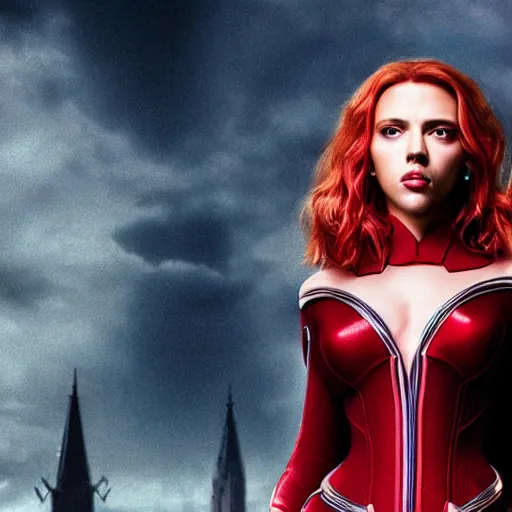 Image similar to promotional art depicting Scarlett Johansson as the scarlet witch