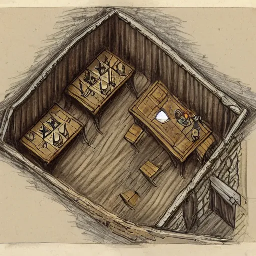 Image similar to Sketch from above of a medieval tavern with one floor, a counter, four round tables and a fireplace, dungeon 6 dragons, high fantasy setting, map