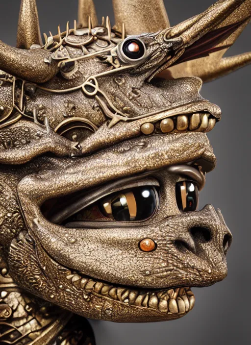 Image similar to closeup portrait of a tin toy mediedval dragon, depth of field, zeiss lens, detailed, symmetrical, centered, fashion photoshoot, by nicoletta ceccoli, mark ryden, lostfish, earl nore, hyung tae, frank frazetta, breathtaking, 8 k resolution, extremely detailed, beautiful, establishing shot, artistic, hyperrealistic, octane render