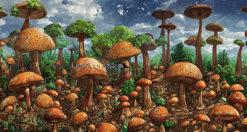 Image similar to A tribal village in a forest of giant mushrooms, by Esao Andrew