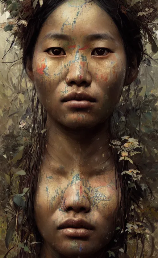 Image similar to detailed portrait of a tribal woman with asian eyes and thick lip forest girl, flowers and trees, by ismail inceoglu dragan bibin hans thoma greg rutkowski alexandros pyromallis nekro rene maritte illustrated, perfect face, fine details, realistic shaded, fine - face, pretty face