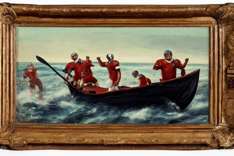 Image similar to a rowboat filled with nfl players in football helmets and pads, one has a harpoon, they are chasing a whale, american oil painting