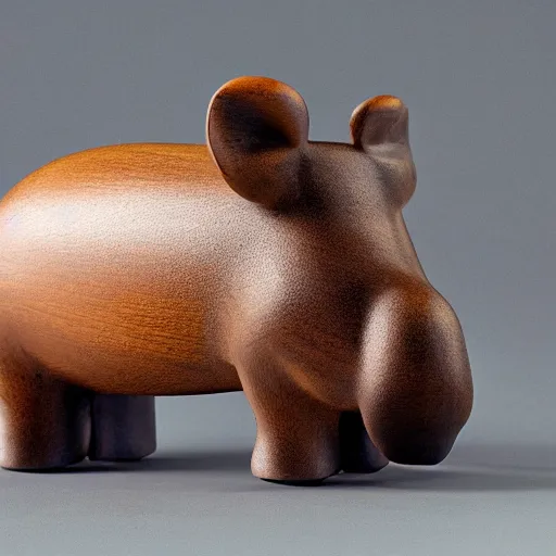 Image similar to a zoomed out studio product shot of a rounded carving of a simplified and smooth hippopotamus made from cherry wood and blue resin, in profile, a catalog photograph