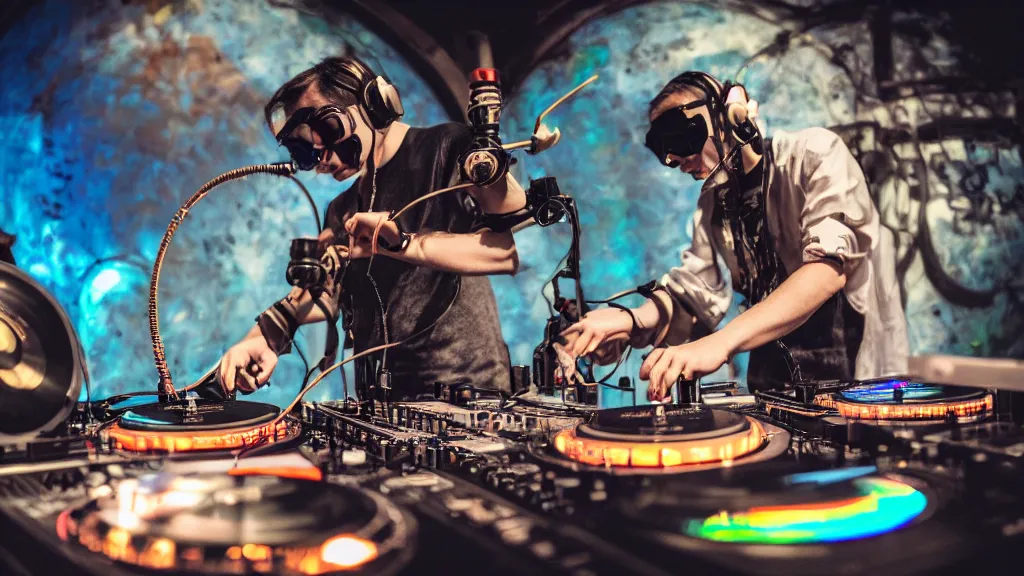 Image similar to a person wearing goggles and visor and headphones using a steampunk record player contraption, wires and tubes, turntablism dj scratching, intricate planetary gears, complex, cinematic, imax, sharp focus, iridescent, black light