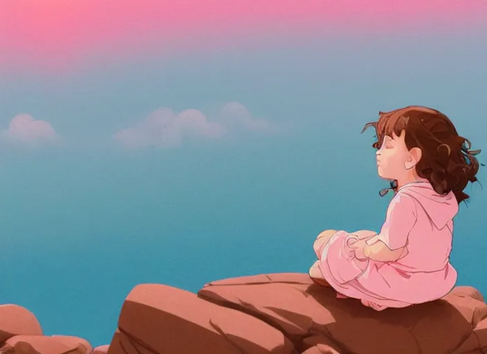 Image similar to little girl with short wavy curly light brown hair sitting on a rock. background pink and blue sunrise sky. clean cel shaded vector art. shutterstock. behance hd by lois van baarle, artgerm, helen huang, by makoto shinkai and ilya kuvshinov, rossdraws, illustration, art by ilya kuvshinov