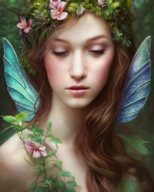 Prompt: pretty face, happy forest fairy by artgerm in a scenic woods, sweet, graceful wings muted colors, sharp focus, high fantasy art, fairy aesthetics, intricate, elegant, highly detailed, hyperrealistic painting, artstation, concept art, v painterly, dreamy, soft illumination, hasselbrad photography, illustration, art by scot howden