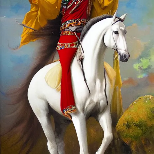 Prompt: a painting of a!! kurdish!! woman riding a beautiful white horse, an oil on canvas painting by raja ravi varma, award winning art, featured on deviantart, qajar art, detailed painting, oil on canvas, acrylic art, extremely detailed, incredibly intricate, elegant