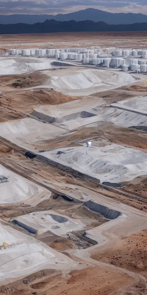 Prompt: a white stepped high tech architecture in the mining tailings in the desert, biroremediation plant, foggy, patchy cactus, oil painting, pale colors, high detail, 8 k, wide angle, trending on artstation, behance