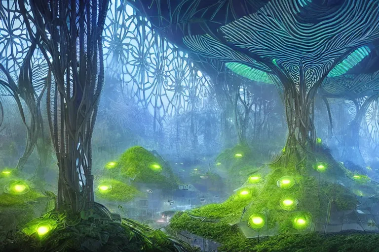 Image similar to futuristic foliage overgrowing favela bioluminescence fungus hive, art nouveau environment, award winning art, epic dreamlike fantasy landscape, ultra realistic,