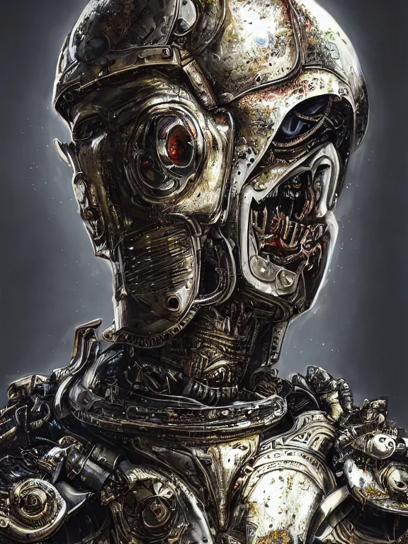 Prompt: portrait art of 8k ultra realistic artificial intelligence , detailed intricate ornate armour,decaying, cybernetic, full of colour, cinematic lighting, battered, trending on artstation, 4k, hyperrealistic, focused, extreme details,unreal engine 5, cinematic, masterpiece, art by ayami kojima, giger