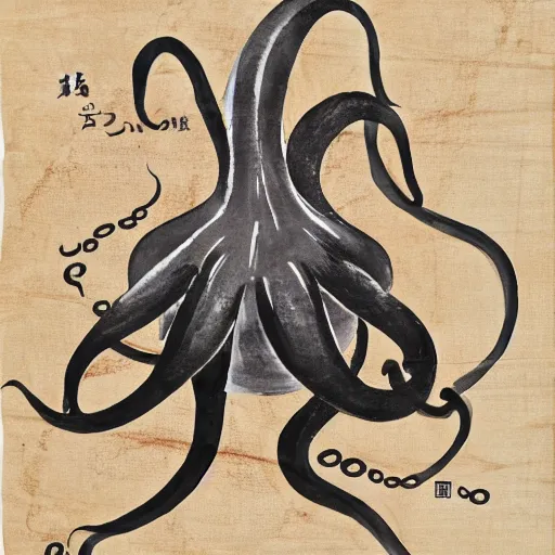 Image similar to a pig - octopus, calligraphy, ink on japanese rice paper