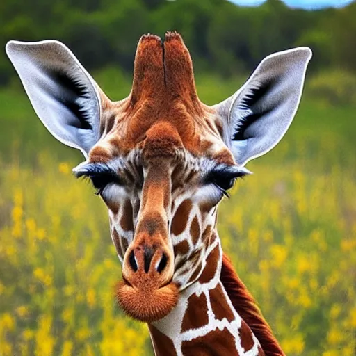 Prompt: photo of a beautiful giraffe with horns in a colorful meadow tom of finland style