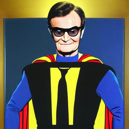 Prompt: portrait of charles nelson reilly dressed as superman, paint on black velvet, realistic, detailed