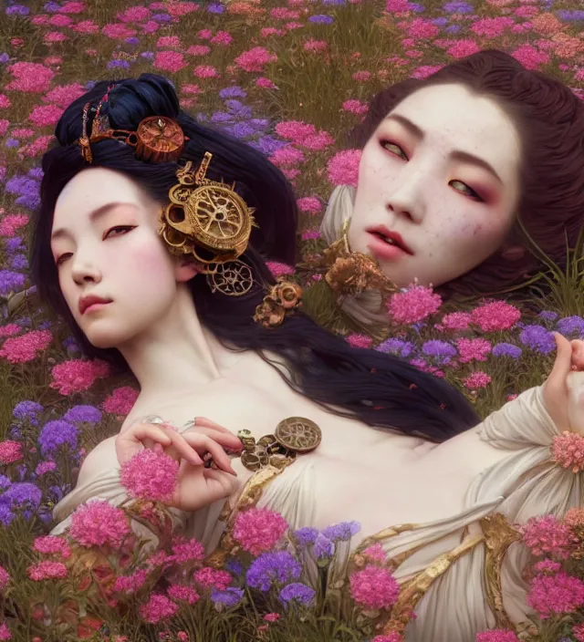 Image similar to baroque portrait of one steampunk bohemian geisha woman of porceline skin lying down in a river made of thousand of flowers, cinematic lighting, photorealistic, octane render, 8 k, depth of field, art by artgerm and greg rutkowski and alphonse mucha and uang guangjian