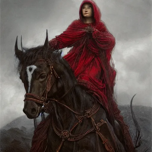 Image similar to a masterpiece! photographic portrait of a a cloaked woman riding the back of a scarlet - colored beast!! with seven heads!! and ten horns!! by gustave dore and sam spratt and allen williams, trending on artstation, cgsociety, 8 k hd, earthtone colors,