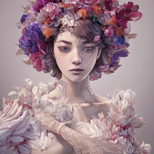 Prompt: the portrait of an absurdly beautiful, graceful, elegant, chaste, young woman made of petals looking up, an ultrafine detailed illustration by kim jung gi, irakli nadar, intricate linework, bright colors, octopath traveler, final fantasy, angular, unreal engine 5 highly rendered, global illumination, radiant light, detailed and intricate environment