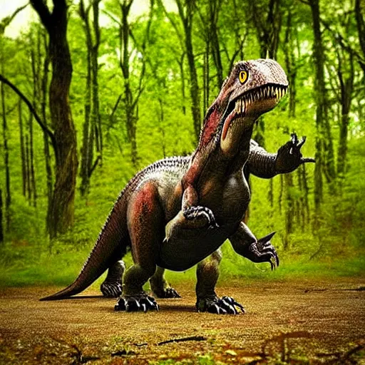 Image similar to “a Tyrannosaurus rex walking through a prehistoric forest”