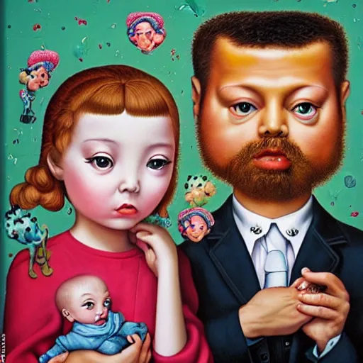 Image similar to a couple and their child portrait, living room wall background, lowbrow art pop surrealism 70's art style, by Mark Ryden and Hikari Shimoda