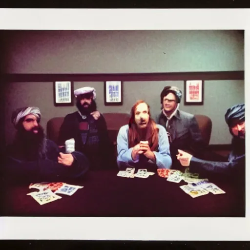 Image similar to 80s Polaroid flash photo, Saul Goodman playing poker with the taliban