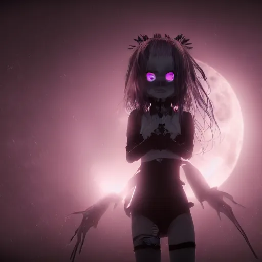 Prompt: full shot portrait of angry darkness anime girl at moonlight, gothic wearing, worrying eyes, inspired by Tim Burton, detailed, unreal engine 4k volumetric light, fog,