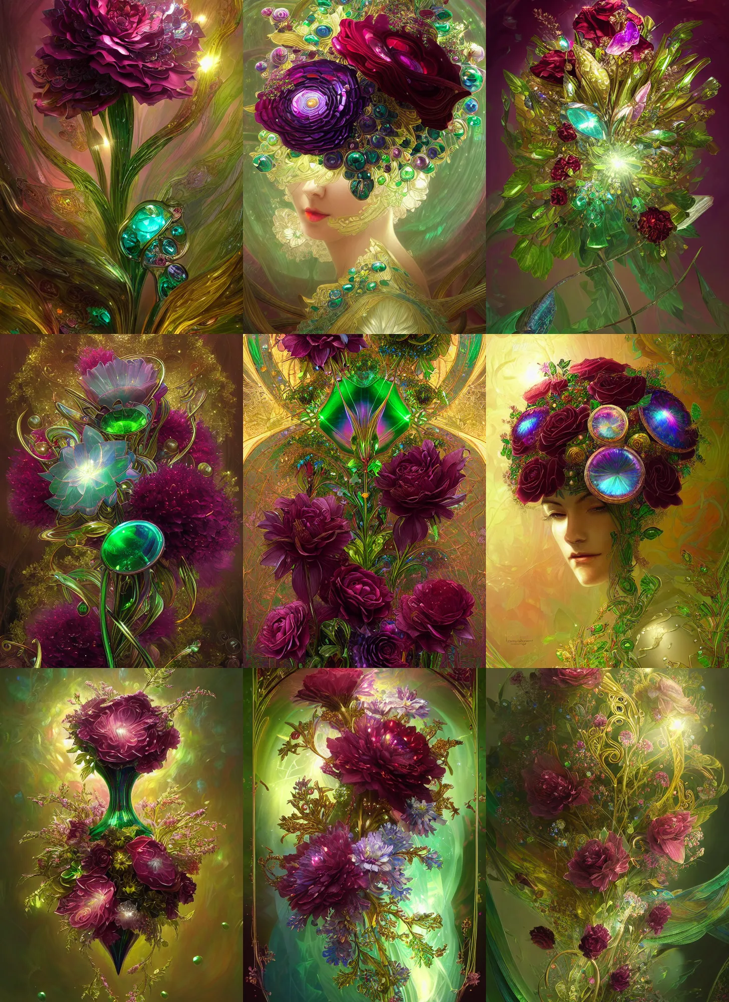 Prompt: iridescent diaphanous refractive and reflective crystal crystalline pearly flora bouquet, verdant, lush, overgrown, burgundy emerald and gold colors, fantasy, intricate, elegant, highly detailed, digital painting, artstation, concept art, matte, sharp focus, illustration, hearthstone, art by artgerm and greg rutkowski and alphonse mucha