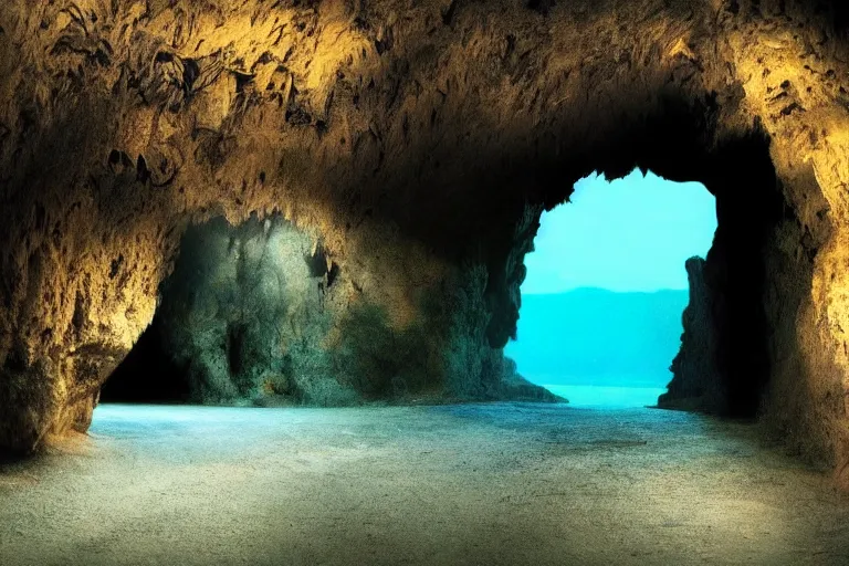 Image similar to a beautiful cave, cinematic