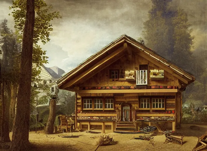 Prompt: a colorized photo of a chalet made of insects and timber by guido reni and samuel dirksz van hoogstraten hyperrealistic and trending on artstation