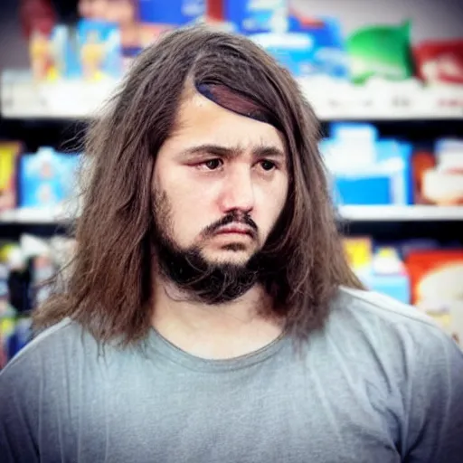 Image similar to “sad depressed guy with long hair and goatee working at Walmart, photorealistic”