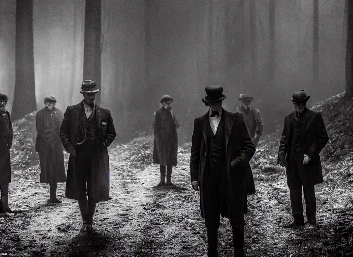 Prompt: an dramatic scene from peaky blinders, medium long shot, filmed in the dark woods, a cabin in the background, leonardo dicaprio and daniel day - lewis, faces covered in shadows, detailed and symmetric faces, black and white, cinematic, epic,